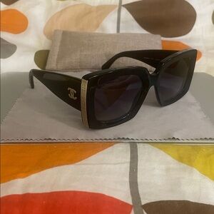 CHANEL CC Black & Gold Rectangle Sunglasses